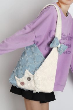 Denim Plaid Cat Shoulder Crossbody Bag - Original Design, Cute and Stylish, Ideal for Casual and Y2K Fashion Enthusiasts