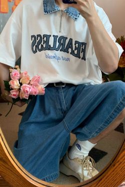 Denim Spliced Japanese Retro Short Sleeve Polo Shirt - Loose Fit Summer T-Shirt in Hong Kong Style, Perfect for 90s and Y2K Fashion