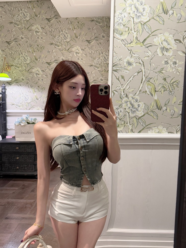 Denim Strapless Fitted Tank Top with Built-in Padding - Pure Desire Style for Y2K and 90s Inspired Fashion Denim Strapless Fitted Tank Top with Built-in Padding - Pure Desire Style for Y2K and 90s Inspired Fashion