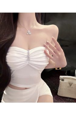 Diamond Strapless Top with Built-In Padding - Fitted Shirt for Stylish Elegance - Perfect for Y2K and Night Out Looks