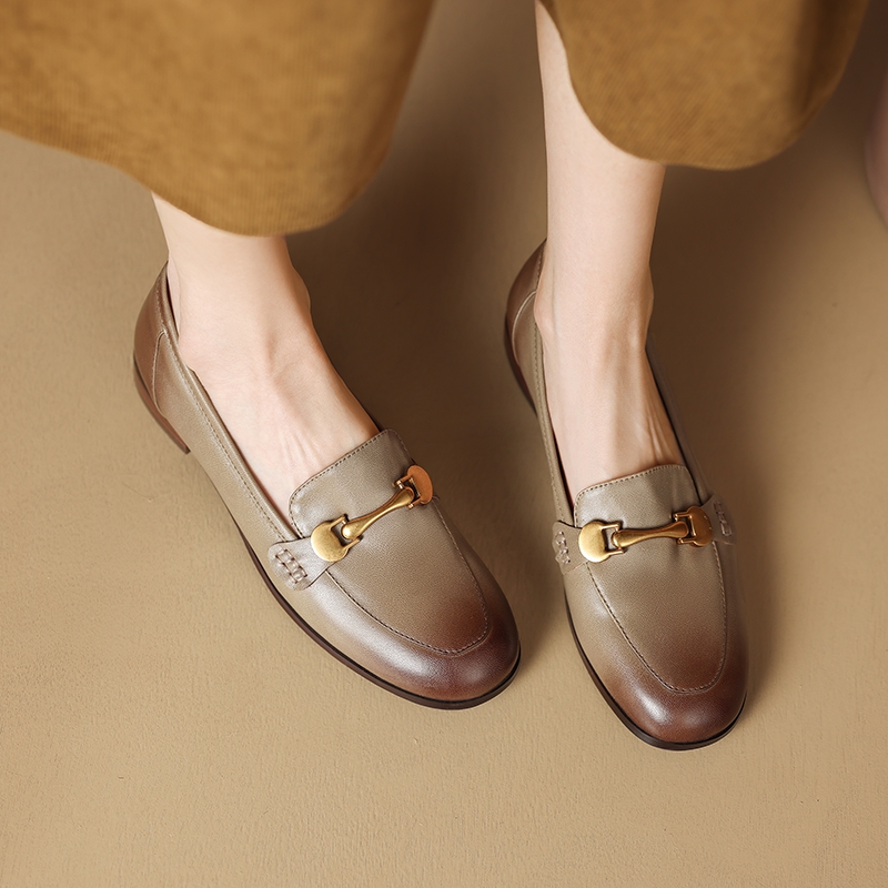 Distressed Brown Chunky Heel Loafers for Women - Genuine Leather Round Toe with Metal Buckle - Retro 90s Style Shoes Distressed Brown Chunky Heel Loafers for Women - Genuine Leather Round Toe with Metal Buckle - Retro 90s Style Shoes