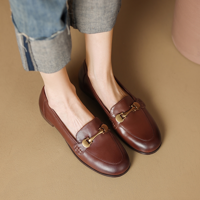 Distressed Brown Chunky Heel Loafers for Women - Genuine Leather Round Toe with Metal Buckle - Retro 90s Style Shoes Distressed Brown Chunky Heel Loafers for Women - Genuine Leather Round Toe with Metal Buckle - Retro 90s Style Shoes