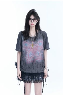 Distressed Butterfly Short-Sleeve T-Shirt with 