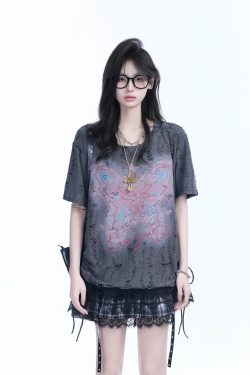 Distressed Butterfly Short-Sleeve T-Shirt with 