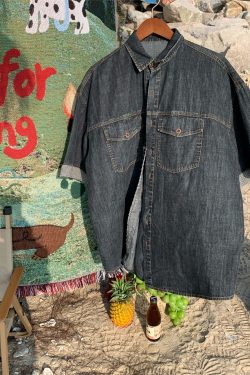 Distressed Denim Short Sleeve Shirt for Men and Women - Vintage Washed Loose Summer Top - Trendy 90s Style