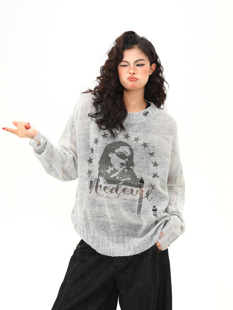 Distressed Hollowed-Out Long Sleeve Cover-Up Top for Women - Retro American Style Sun Protection Knitted Summer Fashion Distressed Hollowed-Out Long Sleeve Cover-Up Top for Women - Retro American Style Sun Protection Knitted Summer Fashion