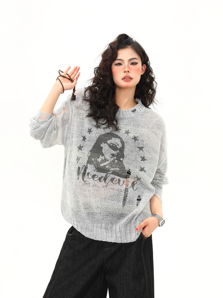 Distressed Hollowed-Out Long Sleeve Cover-Up Top for Women - Retro American Style Sun Protection Knitted Summer Fashion Distressed Hollowed-Out Long Sleeve Cover-Up Top for Women - Retro American Style Sun Protection Knitted Summer Fashion