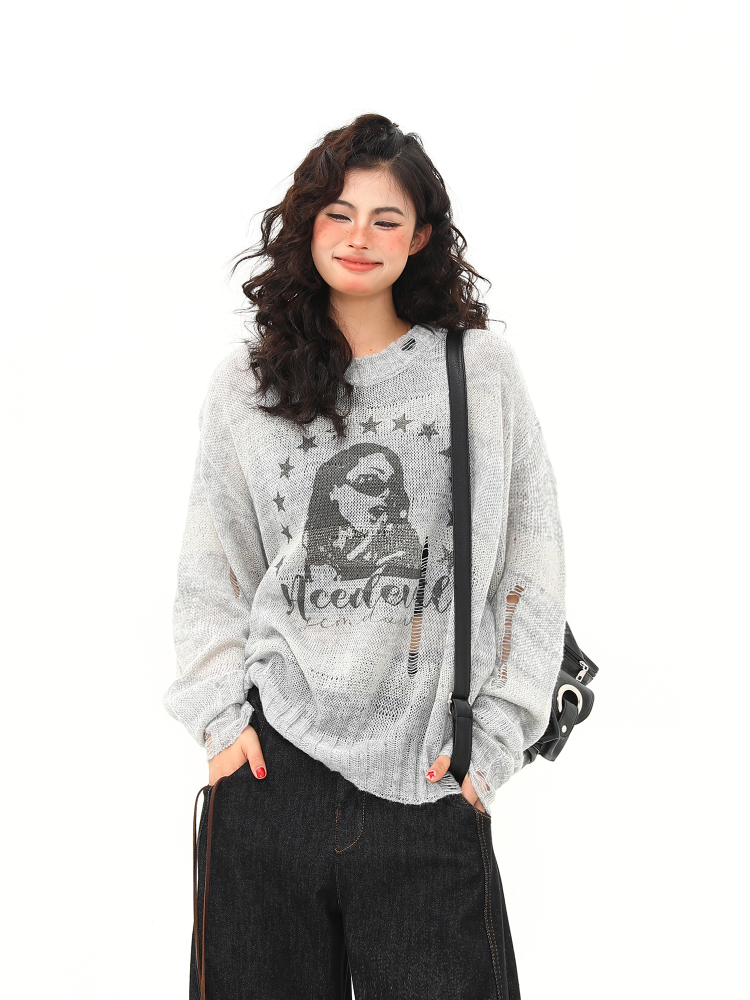 Distressed Hollowed-Out Long Sleeve Cover-Up Top for Women - Retro American Style Sun Protection Knitted Summer Fashion Distressed Hollowed-Out Long Sleeve Cover-Up Top for Women - Retro American Style Sun Protection Knitted Summer Fashion