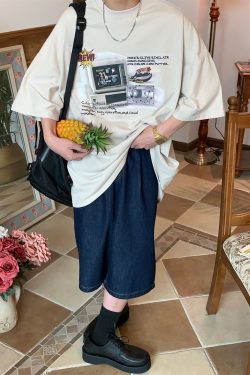 Distressed Oversized T-Shirt for Couples - Vintage Computer Washed Loose Fit - Trendy Summer Short Sleeve Top