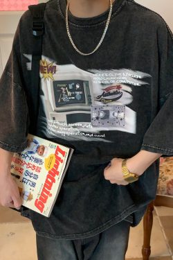 Distressed Oversized T-Shirt for Couples - Vintage Computer Washed Loose Fit - Trendy Summer Short Sleeve Top