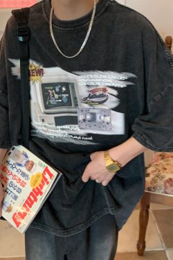 Distressed Oversized T-Shirt for Couples - Vintage Computer Washed Loose Fit - Trendy Summer Short Sleeve Top