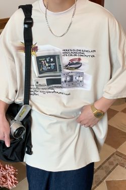 Distressed Oversized T-Shirt for Couples - Vintage Computer Washed Loose Fit - Trendy Summer Short Sleeve Top