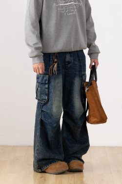 Distressed Straight Leg Retro Workwear Jeans for Men - Versatile Loose Fit Long Pants for Casual 90s Style