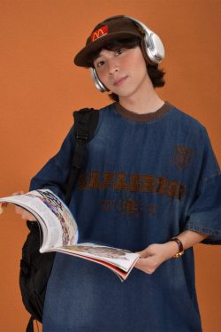 Distressed Vintage Denim Round Neck Loose Short Sleeve T-Shirt for Couples - Trendy Hip Hop Unisex Top