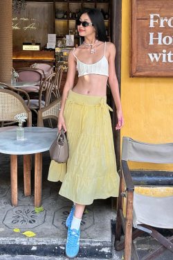 Dopamine Color Fresh Yellow A-Line Long Skirt for Girls with Butterfly Tie and Spliced Design - Y2K Inspired Fashion