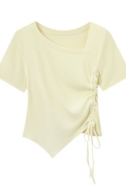 Dopamine Goose Yellow Irregular Waist Short Sleeve T-Shirt Blouse - 2025 Summer Fashion Trend, Y2K Style
