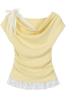 Dopamine Yellow Ruffled Short Sleeve T-Shirt for Women, Lace Trim Fake Two-Piece Top, Summer 90s Y2K Style