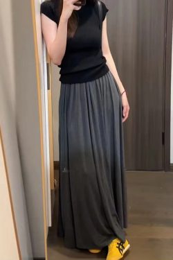 Draped Gray Midi Skirt for Women - Plus Size A-Line Long Skirt, Flattering Summer 2025 Fashion, Perfect for Casual Outings