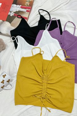 Drawstring Short Inner V-Neck Knitted Top - Pleated Sleeveless Slim-Fit Camisole for Women - Versatile Y2K Style