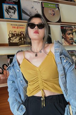 Drawstring Short Inner V-Neck Knitted Top - Pleated Sleeveless Slim-Fit Camisole for Women - Versatile Y2K Style