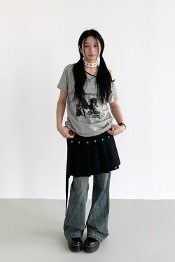 Dream Horse Print Color-Block Asymmetrical One-Shoulder T-Shirt for Women - Summer Loose Casual Short Sleeve Top, Y2K Style