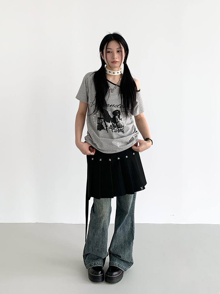 Dream Horse Print Color-Block Asymmetrical One-Shoulder T-Shirt for Women - Summer Loose Casual Short Sleeve Top, Y2K Style Dream Horse Print Color-Block Asymmetrical One-Shoulder T-Shirt for Women - Summer Loose Casual Short Sleeve Top, Y2K Style