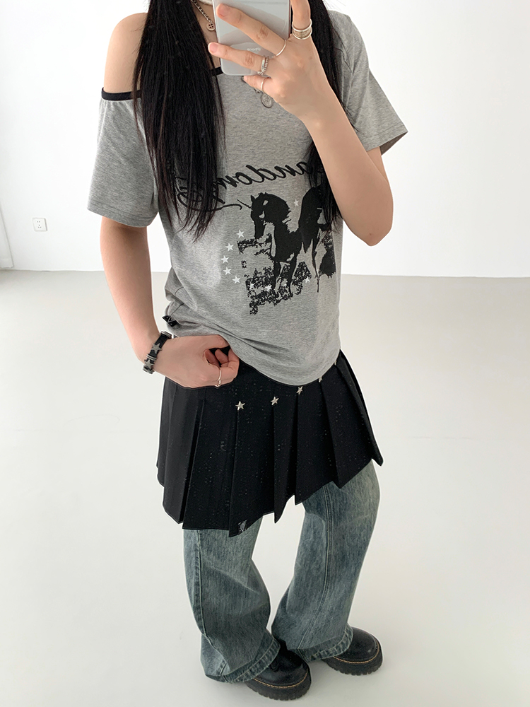 Dream Horse Print Color-Block Asymmetrical One-Shoulder T-Shirt for Women - Summer Loose Casual Short Sleeve Top, Y2K Style Dream Horse Print Color-Block Asymmetrical One-Shoulder T-Shirt for Women - Summer Loose Casual Short Sleeve Top, Y2K Style