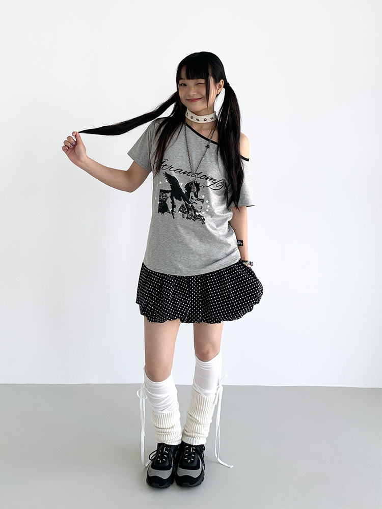 Dream Horse Print Color-Block Asymmetrical One-Shoulder T-Shirt for Women - Summer Loose Casual Short Sleeve Top, Y2K Style Dream Horse Print Color-Block Asymmetrical One-Shoulder T-Shirt for Women - Summer Loose Casual Short Sleeve Top, Y2K Style