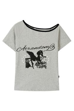 Dream Horse Print Color-Block Asymmetrical One-Shoulder T-Shirt for Women - Summer Loose Casual Short Sleeve Top, Y2K Style