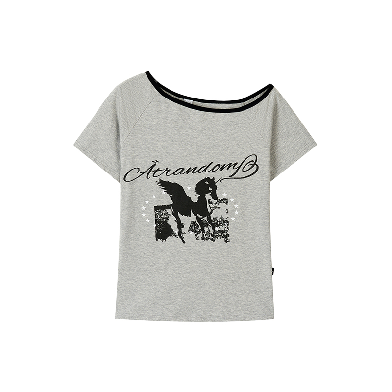 Dream Horse Print Color-Block Asymmetrical One-Shoulder T-Shirt for Women - Summer Loose Casual Short Sleeve Top, Y2K Style Dream Horse Print Color-Block Asymmetrical One-Shoulder T-Shirt for Women - Summer Loose Casual Short Sleeve Top, Y2K Style