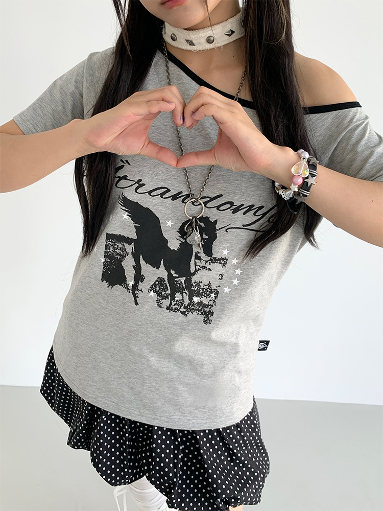 Dream Horse Print Color-Block Asymmetrical One-Shoulder T-Shirt for Women - Summer Loose Casual Short Sleeve Top, Y2K Style Dream Horse Print Color-Block Asymmetrical One-Shoulder T-Shirt for Women - Summer Loose Casual Short Sleeve Top, Y2K Style