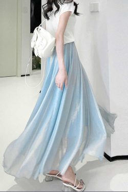 Dreamy High-Waisted Soft Smoke Chiffon Maxi Skirt - Light and Hazy Luster, Flowing Eight-Meter Swing Style for Spring and Summer