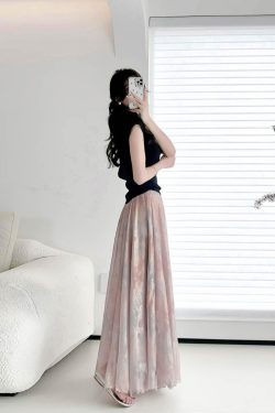 Dreamy High-Waisted Soft Smoke Chiffon Maxi Skirt - Light and Hazy Luster, Flowing Eight-Meter Swing Style for Spring and Summer