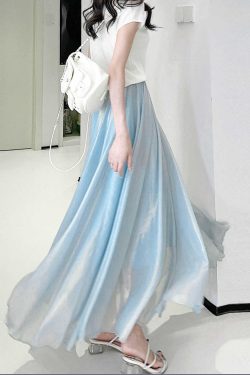 Dreamy High-Waisted Soft Smoke Chiffon Maxi Skirt - Light and Hazy Luster, Flowing Eight-Meter Swing Style for Spring and Summer