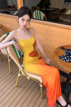 Ecological Gradient Floral Fishtail Dress - Reversible Design, 3D Flower Details, Perfect for Sunset Strolls, Y2K Style