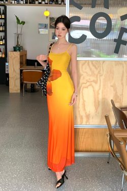 Ecological Gradient Floral Fishtail Dress - Reversible Design, 3D Flower Details, Perfect for Sunset Strolls, Y2K Style