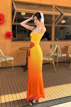 Ecological Gradient Floral Fishtail Dress - Reversible Design, 3D Flower Details, Perfect for Sunset Strolls, Y2K Style