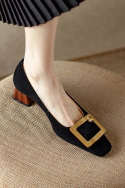 Elegant All-Leather Chunky-Heeled Shallow Mouth Shoes with Metal Square Buckle - Chic Italian Style High Heels