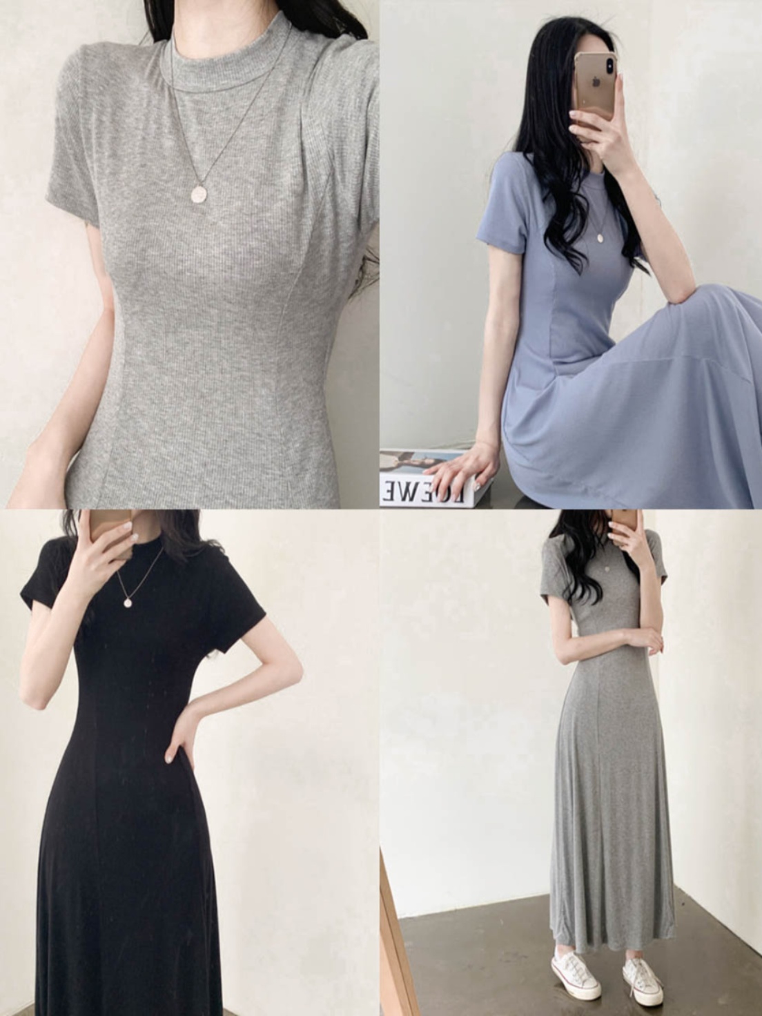 Elegant Black A-Line Long Dress with Half-High Collar, Spliced Ribbed Cotton, Slim Fit, Flattering Design for Spring and Summer Elegant Black A-Line Long Dress with Half-High Collar, Spliced Ribbed Cotton, Slim Fit, Flattering Design for Spring and Summer