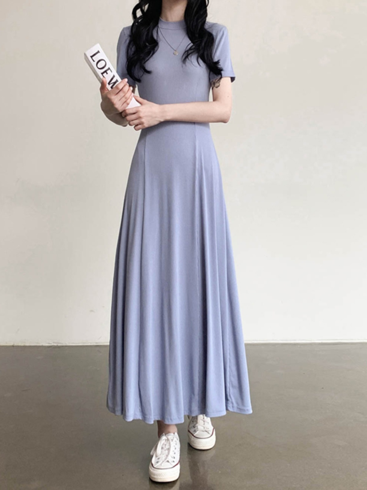 Elegant Black A-Line Long Dress with Half-High Collar, Spliced Ribbed Cotton, Slim Fit, Flattering Design for Spring and Summer Elegant Black A-Line Long Dress with Half-High Collar, Spliced Ribbed Cotton, Slim Fit, Flattering Design for Spring and Summer