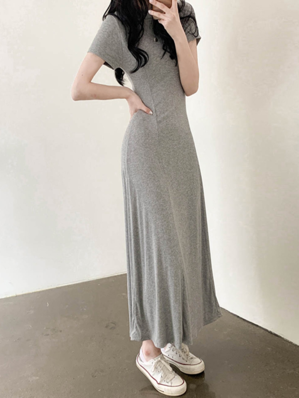 Elegant Black A-Line Long Dress with Half-High Collar, Spliced Ribbed Cotton, Slim Fit, Flattering Design for Spring and Summer Elegant Black A-Line Long Dress with Half-High Collar, Spliced Ribbed Cotton, Slim Fit, Flattering Design for Spring and Summer