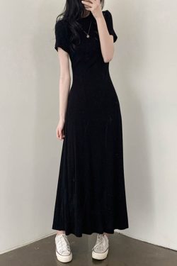 Elegant Black A-Line Long Dress with Half-High Collar, Spliced Ribbed Cotton, Slim Fit, Flattering Design for Spring and Summer