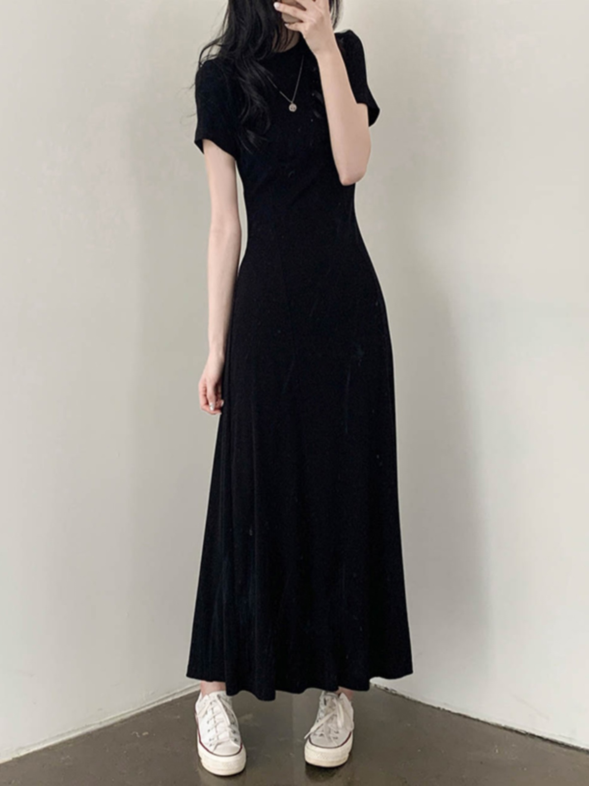 Elegant Black A-Line Long Dress with Half-High Collar, Spliced Ribbed Cotton, Slim Fit, Flattering Design for Spring and Summer Elegant Black A-Line Long Dress with Half-High Collar, Spliced Ribbed Cotton, Slim Fit, Flattering Design for Spring and Summer