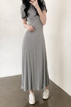 Elegant Black A-Line Long Dress with Half-High Collar, Spliced Ribbed Cotton, Slim Fit, Flattering Design for Spring and Summer