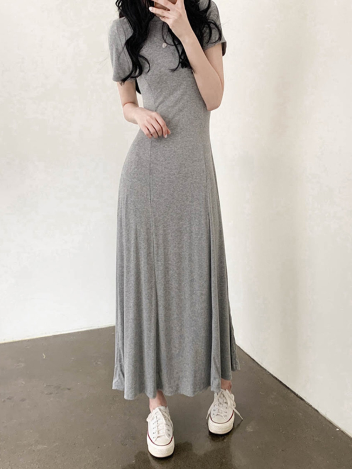 Elegant Black A-Line Long Dress with Half-High Collar, Spliced Ribbed Cotton, Slim Fit, Flattering Design for Spring and Summer Elegant Black A-Line Long Dress with Half-High Collar, Spliced Ribbed Cotton, Slim Fit, Flattering Design for Spring and Summer