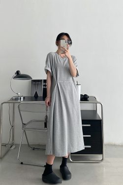 Elegant Black Button Dress for Women - Spring Summer Waist-Cinching Split Short Sleeve T-Shirt Style, Casual Grapefruit Design