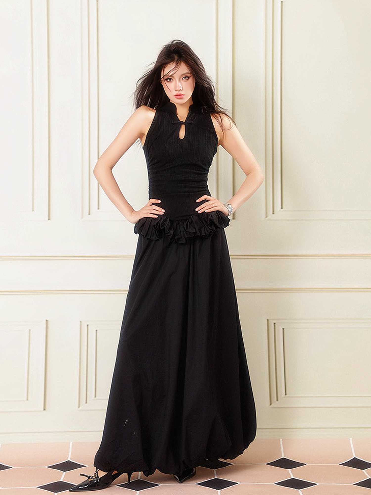 Elegant Black Chinese Style Buttoned Puff Long Skirt - Slimming Hollow-Out Design, Perfect for Formal Ceremonies and Events Elegant Black Chinese Style Buttoned Puff Long Skirt - Slimming Hollow-Out Design, Perfect for Formal Ceremonies and Events