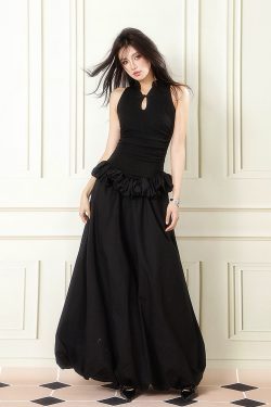 Elegant Black Chinese Style Buttoned Puff Long Skirt - Slimming Hollow-Out Design, Perfect for Formal Ceremonies and Events