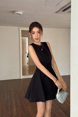 Elegant Black Sleeveless Dress - Light Fabric Hepburn Style Little Black Dress for Summer with Short Waist Skirt
