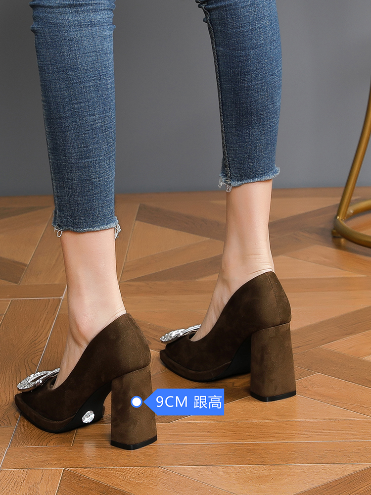 Elegant Black Suede High Heels with Square Buckle and Rhinestone, Versatile Square-Toe Slip-On Party Shoes for Women Elegant Black Suede High Heels with Square Buckle and Rhinestone, Versatile Square-Toe Slip-On Party Shoes for Women